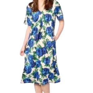 BumbleBella Floral Jersey Dress Blue Rose Pockets
